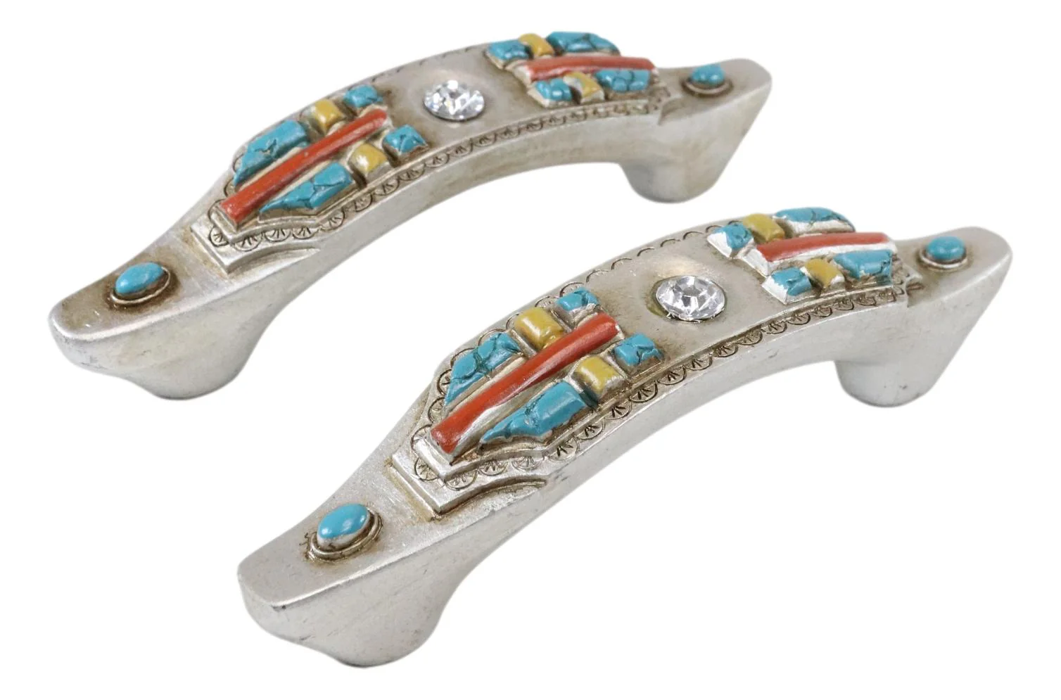 Set of 4 Rustic Southwestern Turquoise Cross Gemstones Crystal Cabinet Bar Pulls