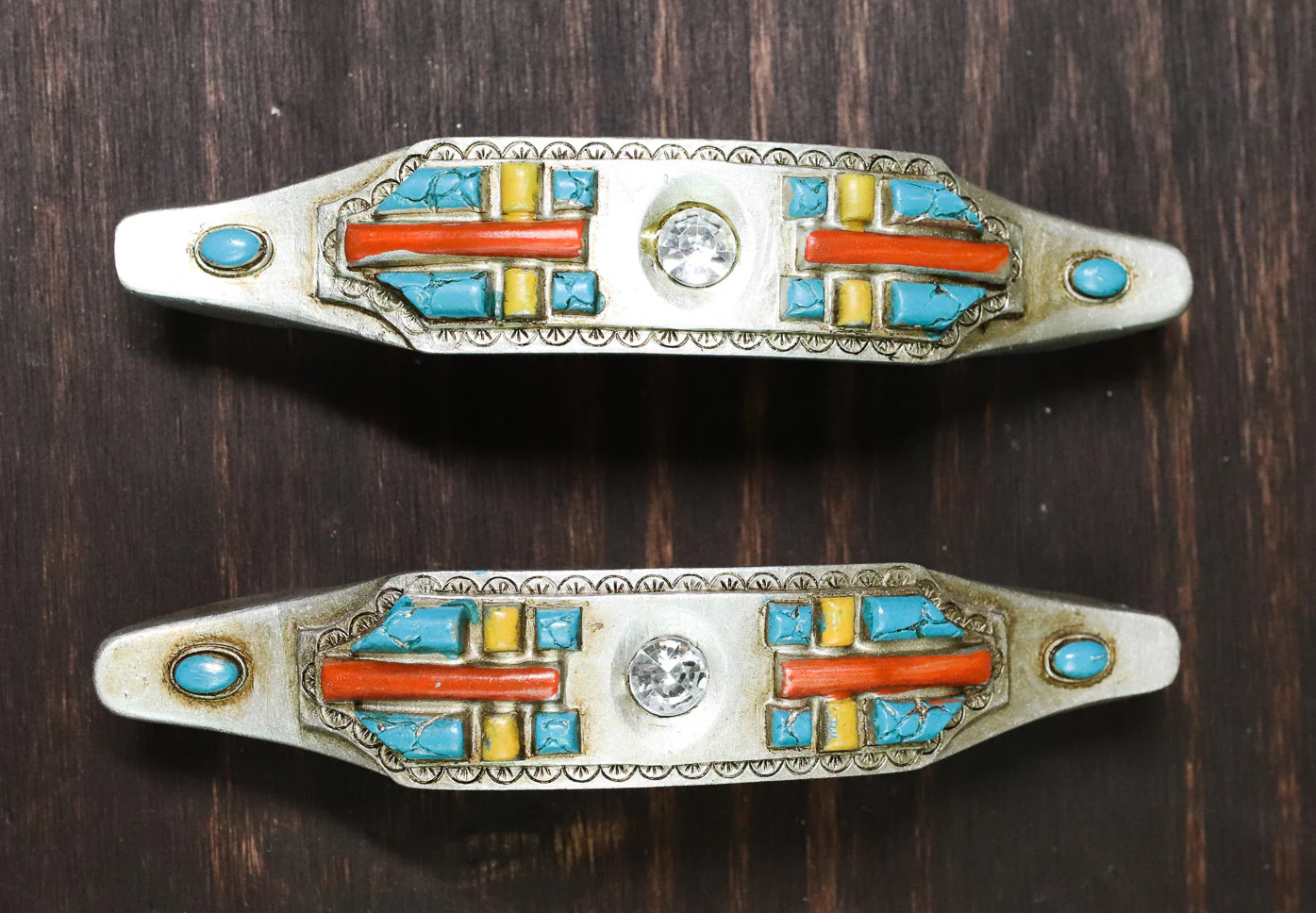 Set of 4 Rustic Southwestern Turquoise Cross Gemstones Crystal Cabinet Bar Pulls - Image 2