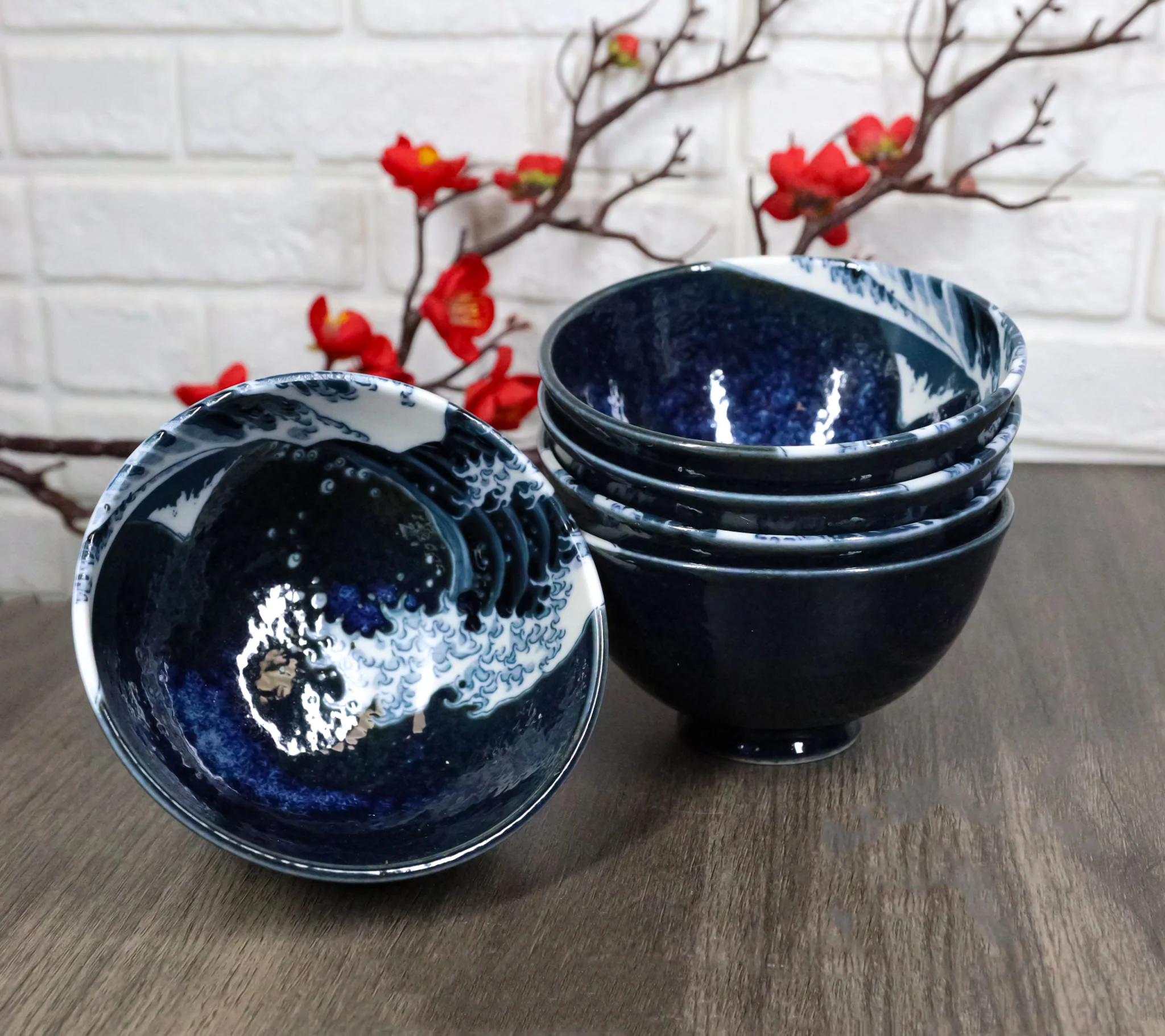 Set Of 5 Blue Japanese Hokusai Great Wave Porcelain Soup Rice Dessert Bowls 10oz - Image 8