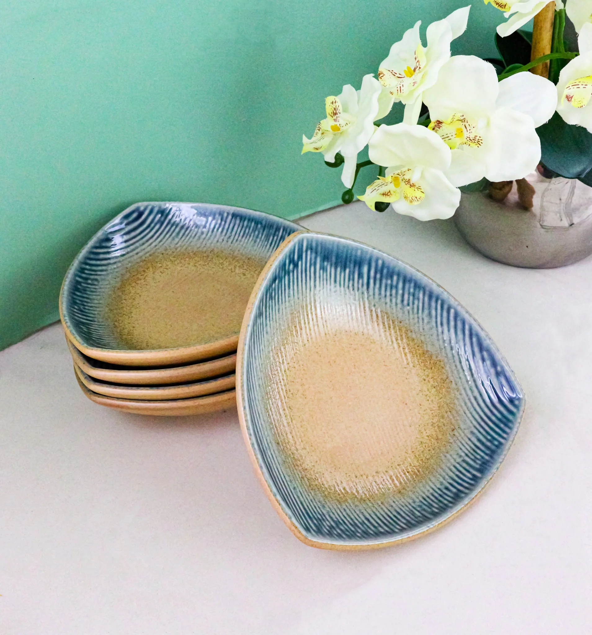 Set Of 5 Blue River Ao Nagashi Appetizer Salad Triangular Deep Serving Plates - Image 7
