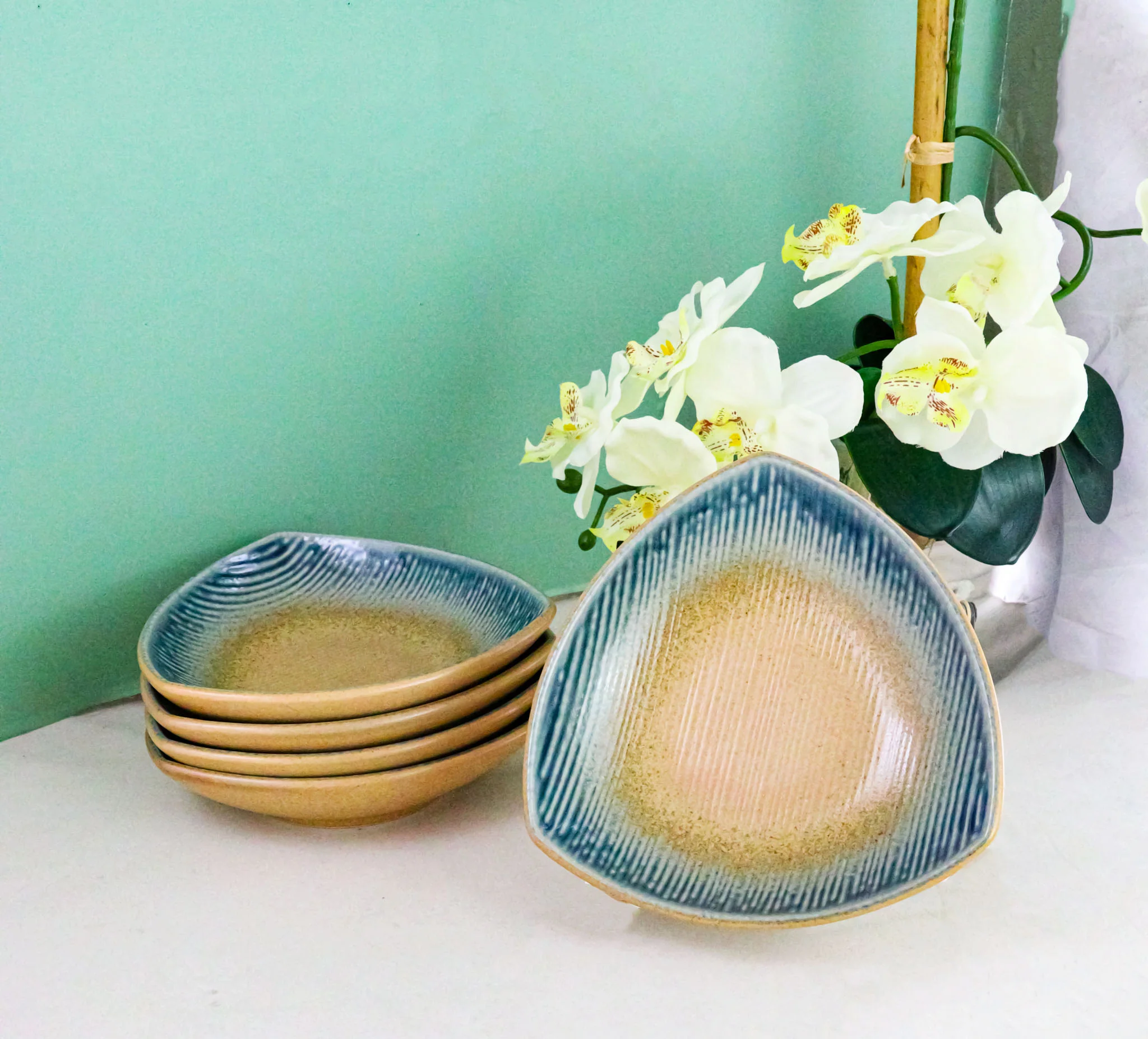 Set Of 5 Blue River Ao Nagashi Appetizer Salad Triangular Deep Serving Plates - Image 8