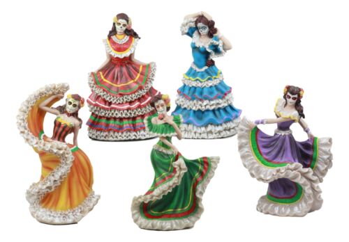 Set of 5 Day Of The Dead Orange Gown Sugar Skull Dancer Statue Vivas Calacas - Image 3