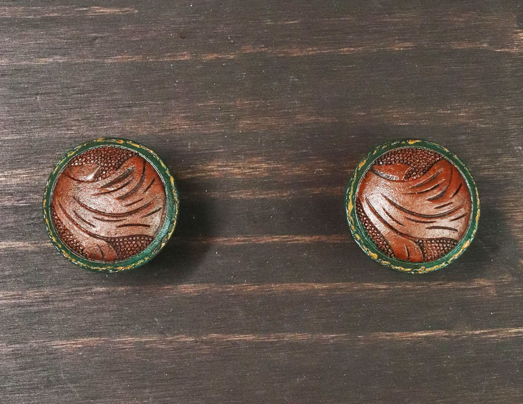 Set Of 6 Western Rustic Faux Tooled Leather Green Borders Cabinet Door Knobs - Image 2