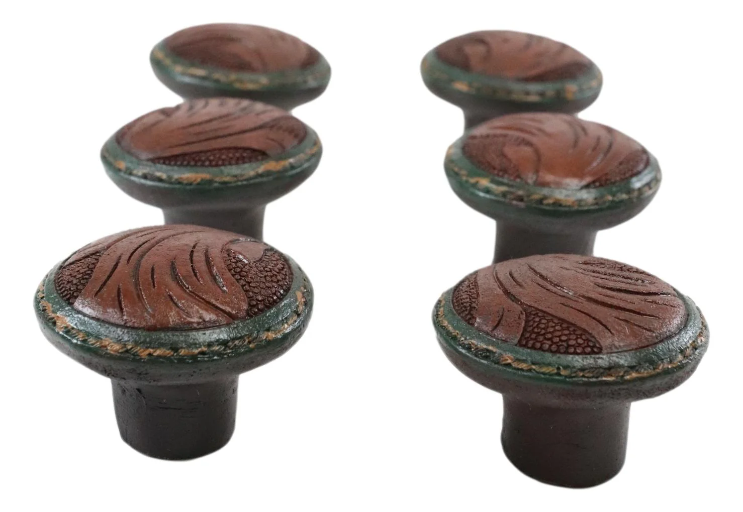 Set Of 6 Western Rustic Faux Tooled Leather Green Borders Cabinet Door Knobs - Image 3
