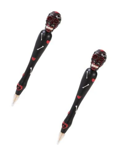 Set Of Two Black Dias De Los Muertos Day Of The Dead Sugar Skull Stationery Pen - Image 2