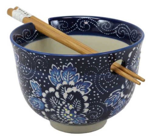Shades Of Blue Daisy Floral Breeze Porcelain Ramen Soup Bowl With Chopsticks Set - Image 4
