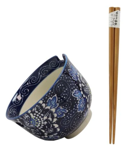 Shades Of Blue Daisy Floral Breeze Porcelain Ramen Soup Bowl With Chopsticks Set - Image 5