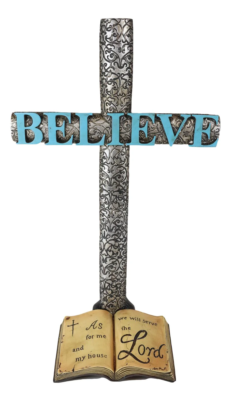 Silver Scroll Filigree Pattern Believe Standing Cross Desktop Plaque Figurine - Image 2