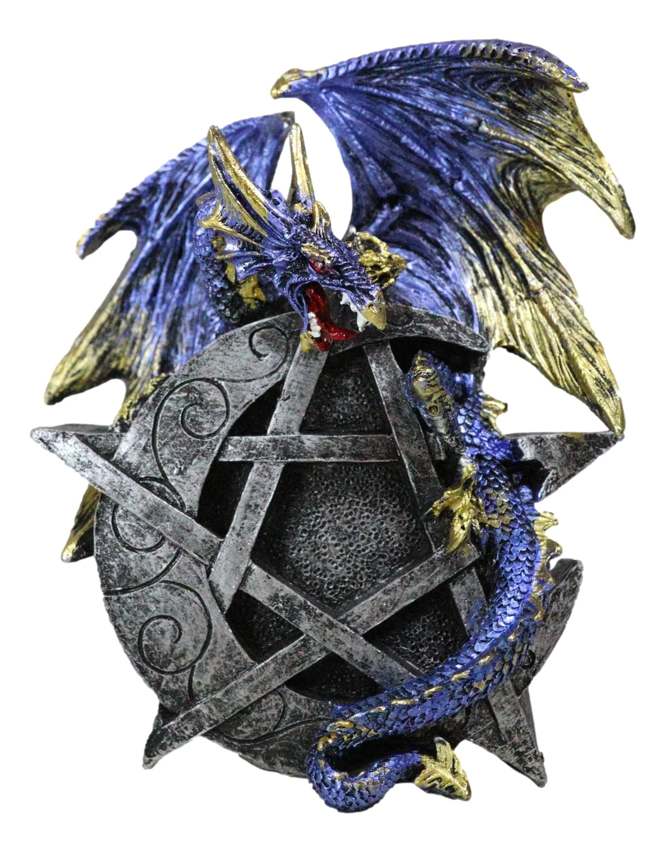 Sky Behemoth Blue And Gold Dragon Guarding Crescent Moon Pentagram Star Figurine - Image 3