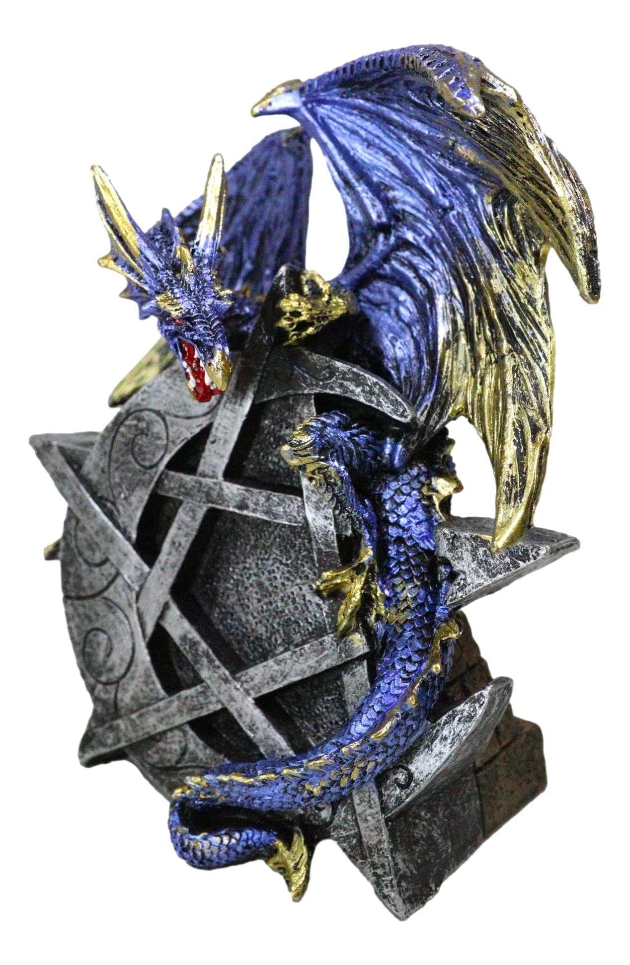 Sky Behemoth Blue And Gold Dragon Guarding Crescent Moon Pentagram Star Figurine - Image 5