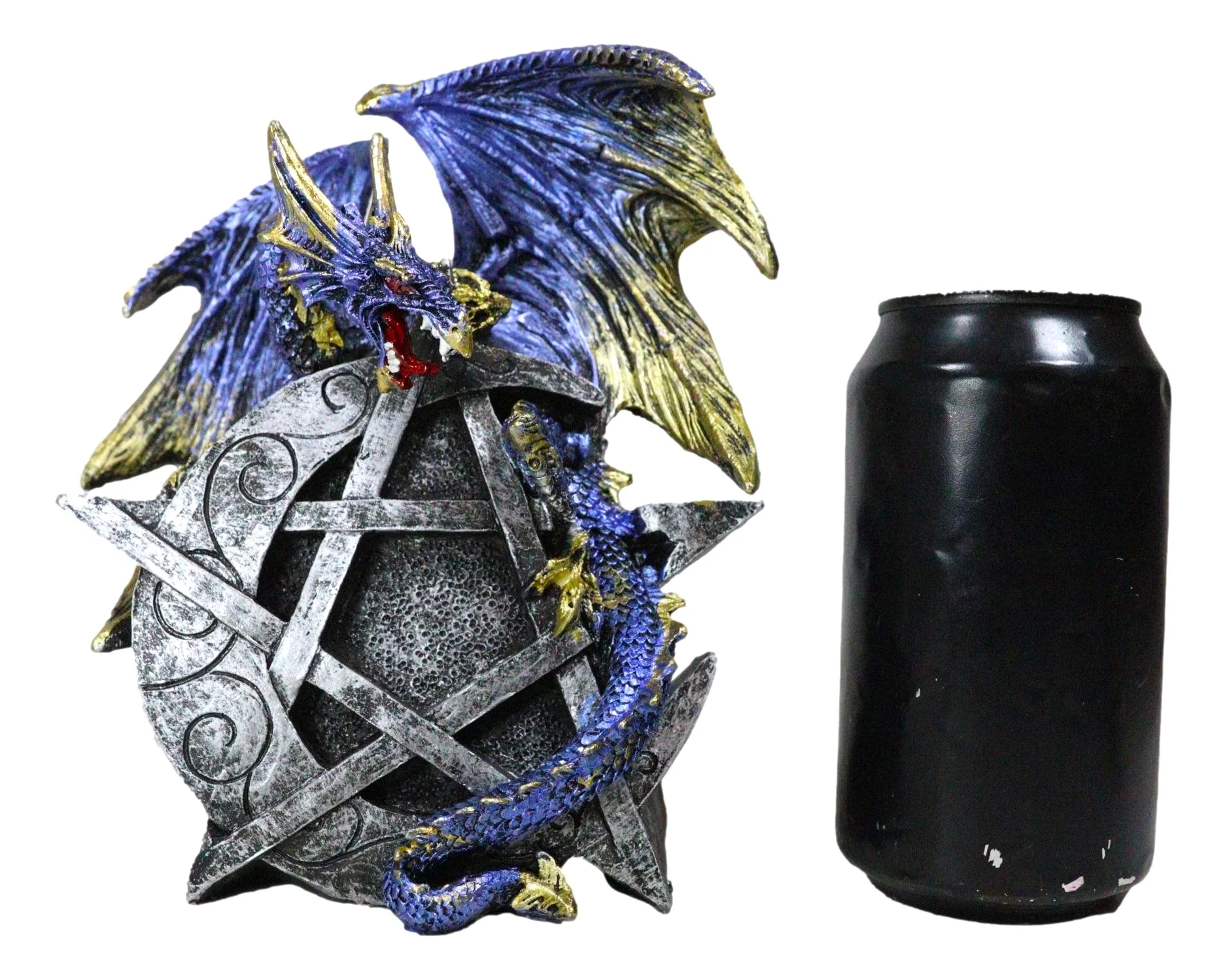 Sky Behemoth Blue And Gold Dragon Guarding Crescent Moon Pentagram Star Figurine - Image 8