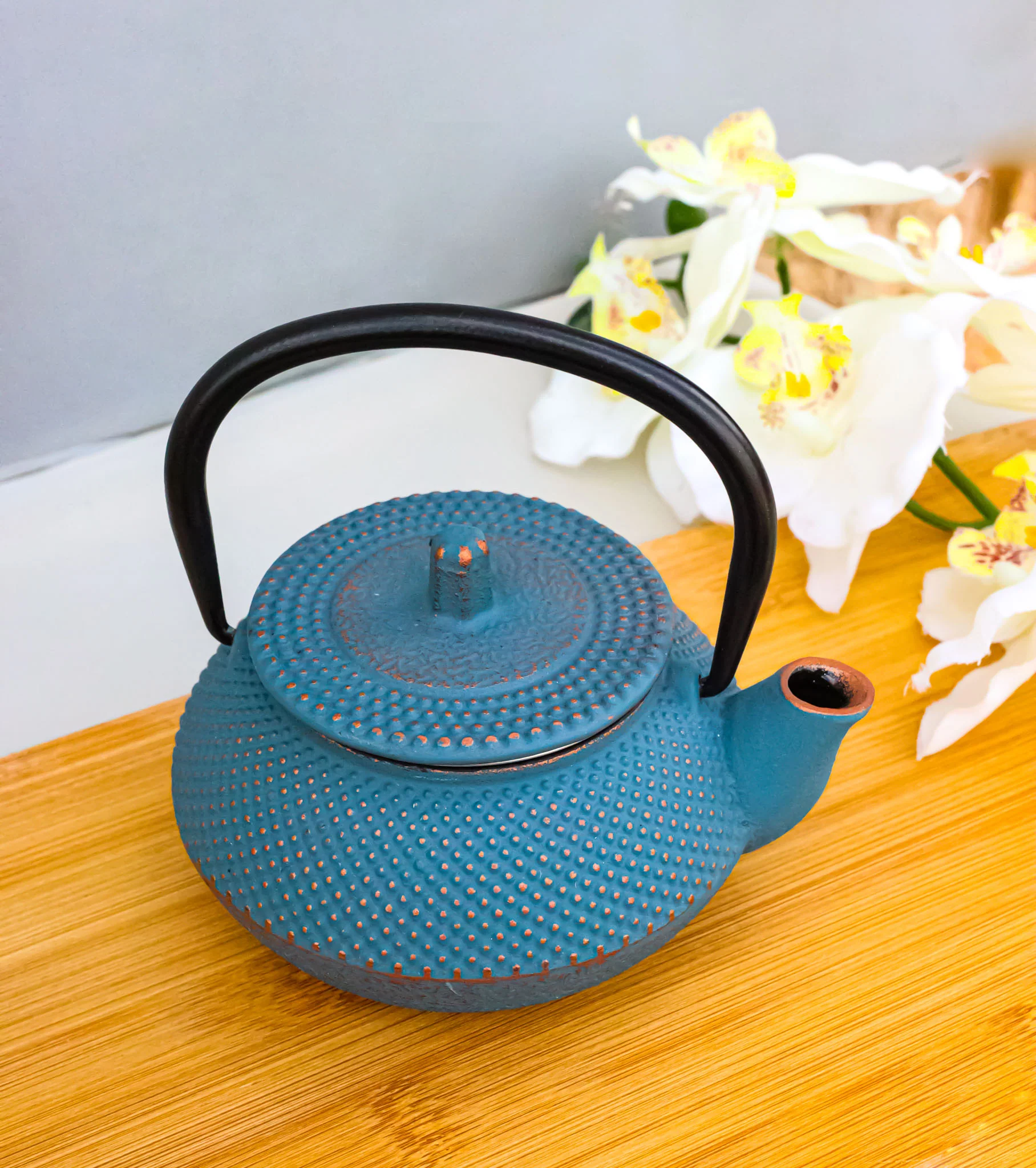 Sky Blue Hobnail Rustic Textured Petite Cast Iron Teapot 10oz Tea Pot - Image 9