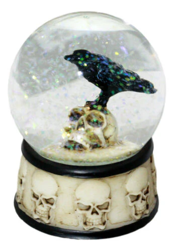Small Gothic Day Of The Dead Edgar Allan Poe Raven On Skull Glitter Water Globe - Image 5