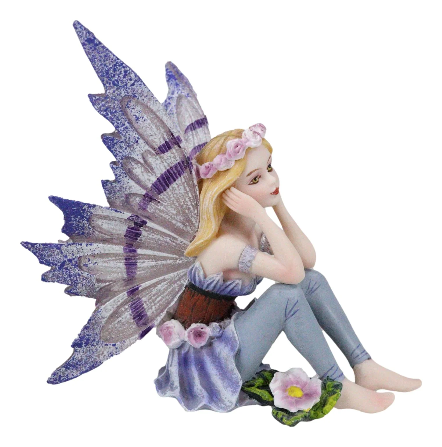 Small Meadowland Tribal Purple Periwinkle Flower Girl Fairy Daydreaming Figurine - Image 4
