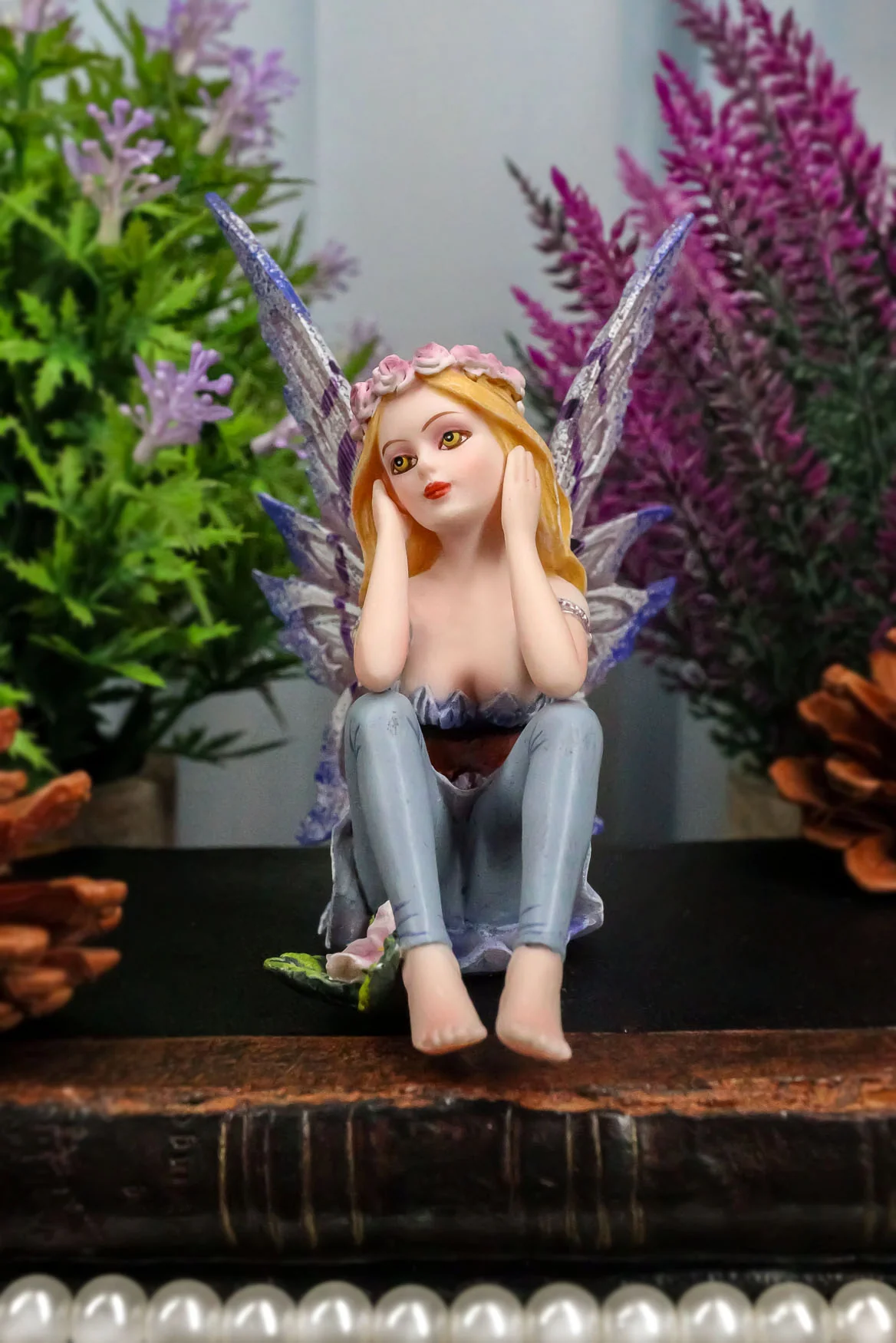 Small Meadowland Tribal Purple Periwinkle Flower Girl Fairy Daydreaming Figurine - Image 7
