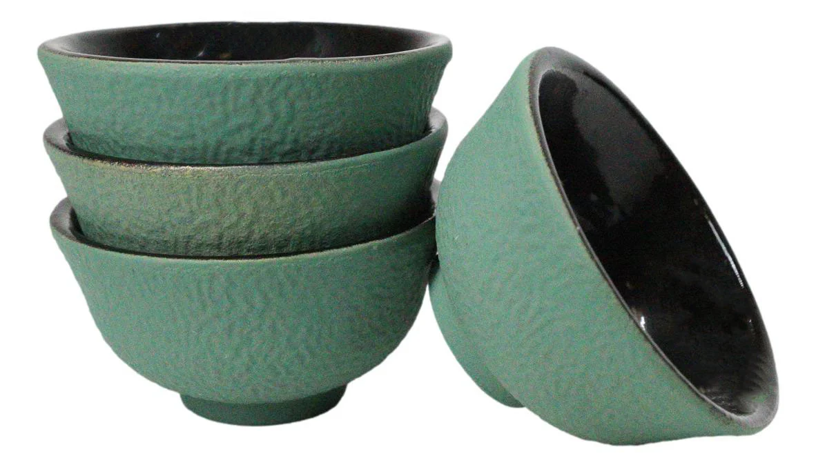 Soft Green Textured Japanese Tetsubin Style Cast Iron Mini Tea Cups Set of 4