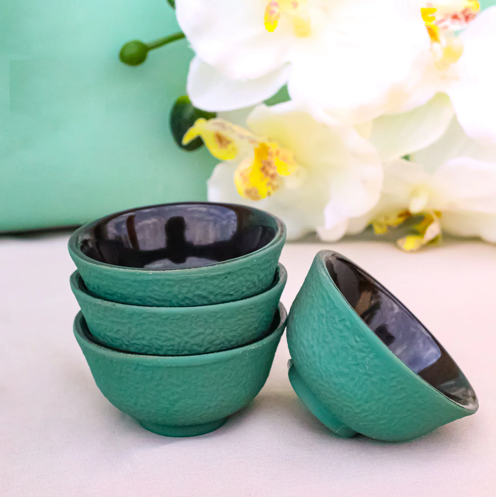 Soft Green Textured Japanese Tetsubin Style Cast Iron Mini Tea Cups Set of 4 - Image 8