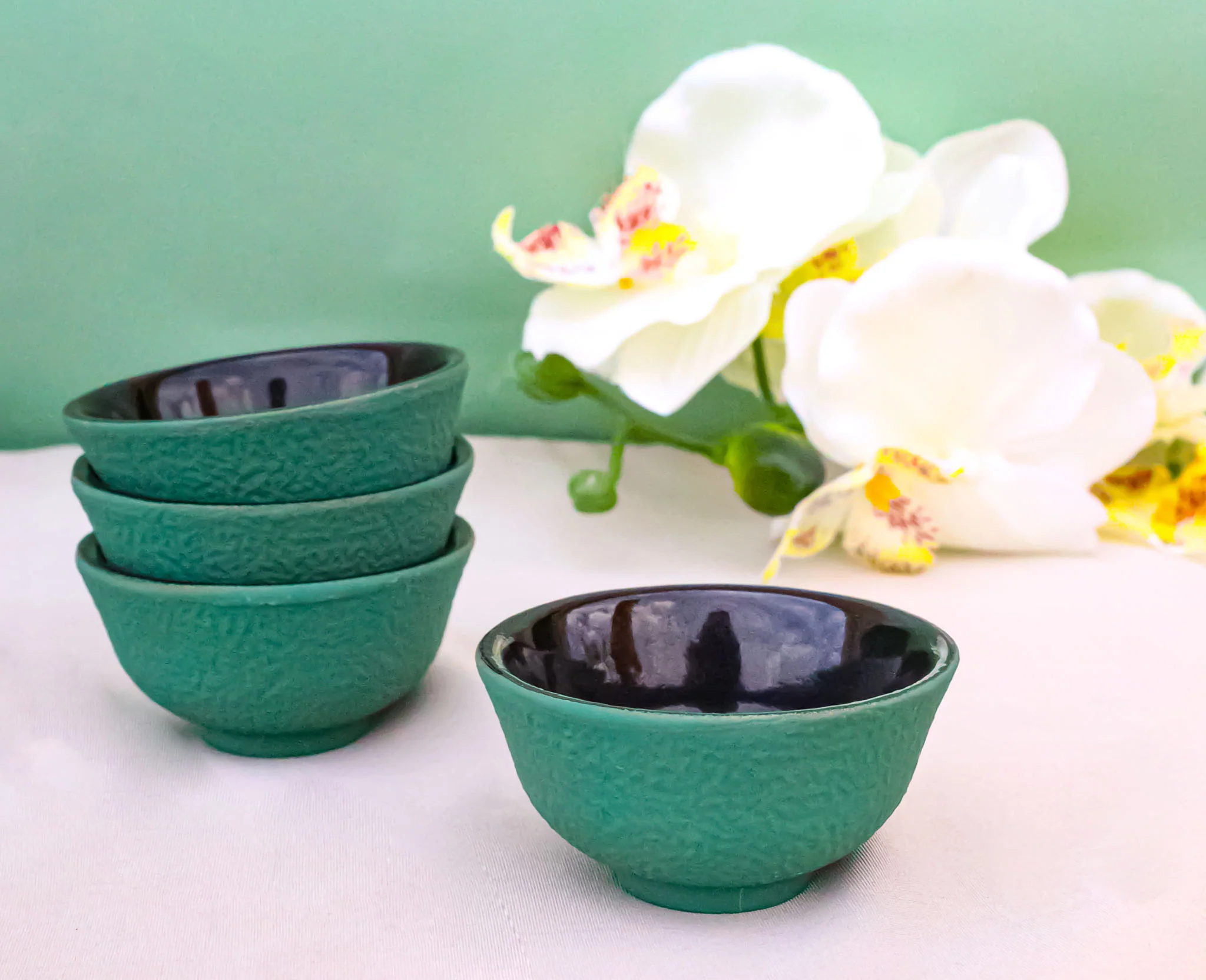 Soft Green Textured Japanese Tetsubin Style Cast Iron Mini Tea Cups Set of 4 - Image 9