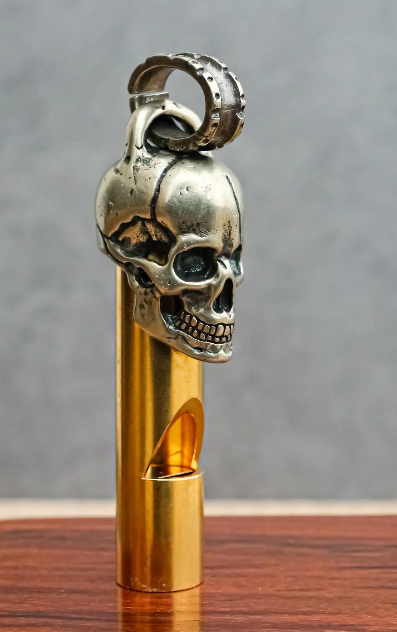 Solid Brass And Steel Ghost Skull Head Death Whistle With Key Chain Ring - Image 8