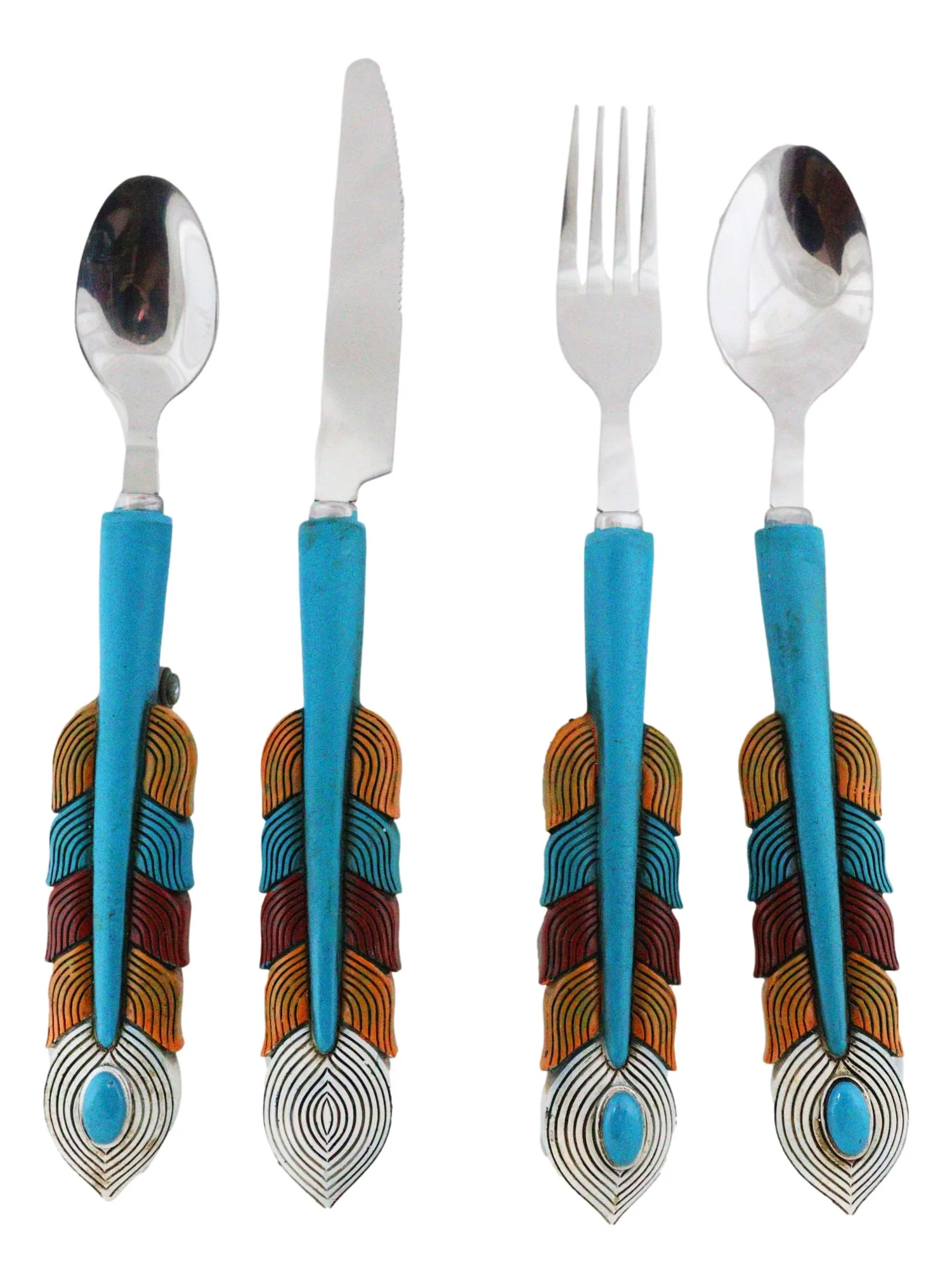 Southwest Chic Indian Turquoise Feather Flatware 4 Spoon Teaspoon Fork Knife Set - Image 3