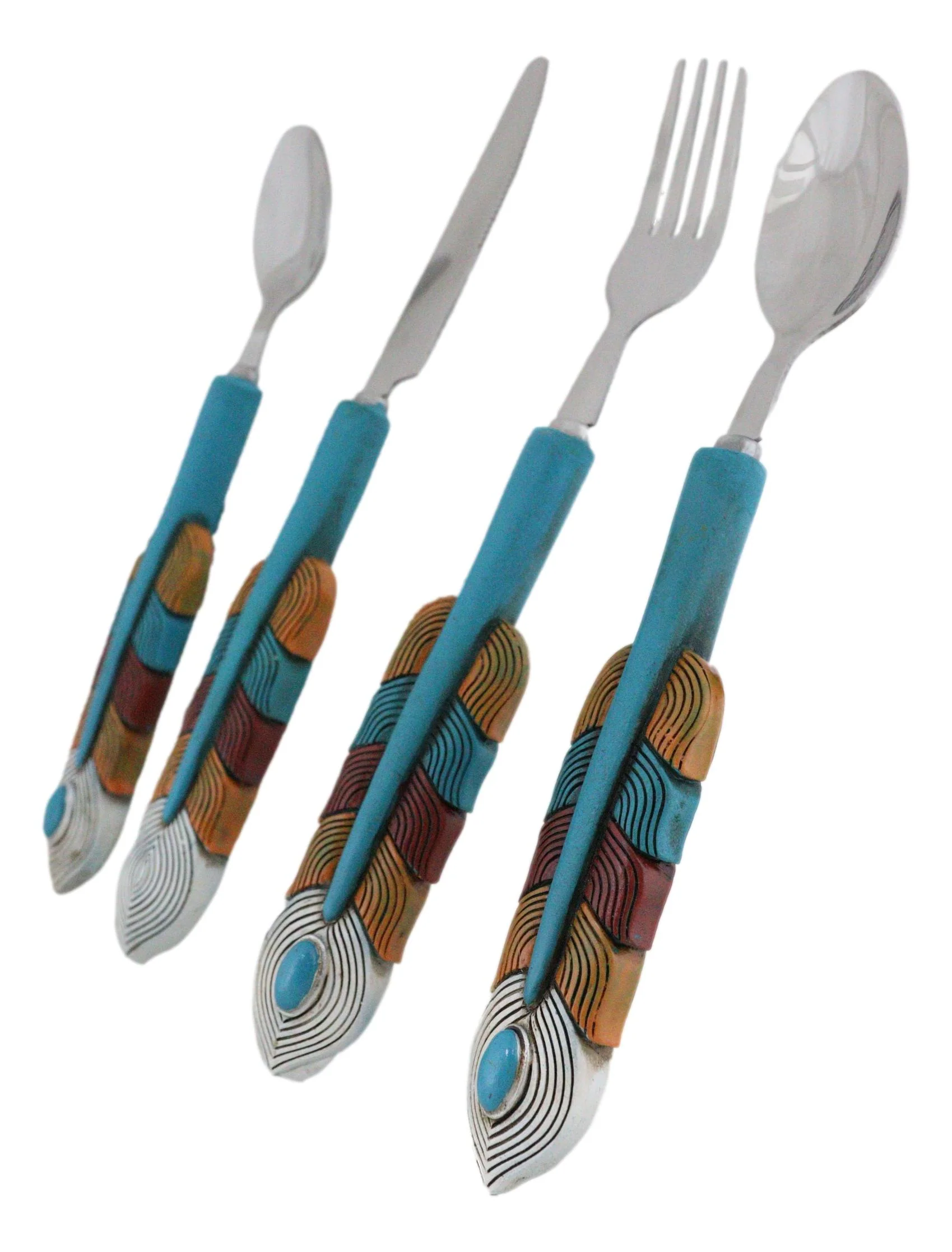 Southwest Chic Indian Turquoise Feather Flatware 4 Spoon Teaspoon Fork Knife Set - Image 4