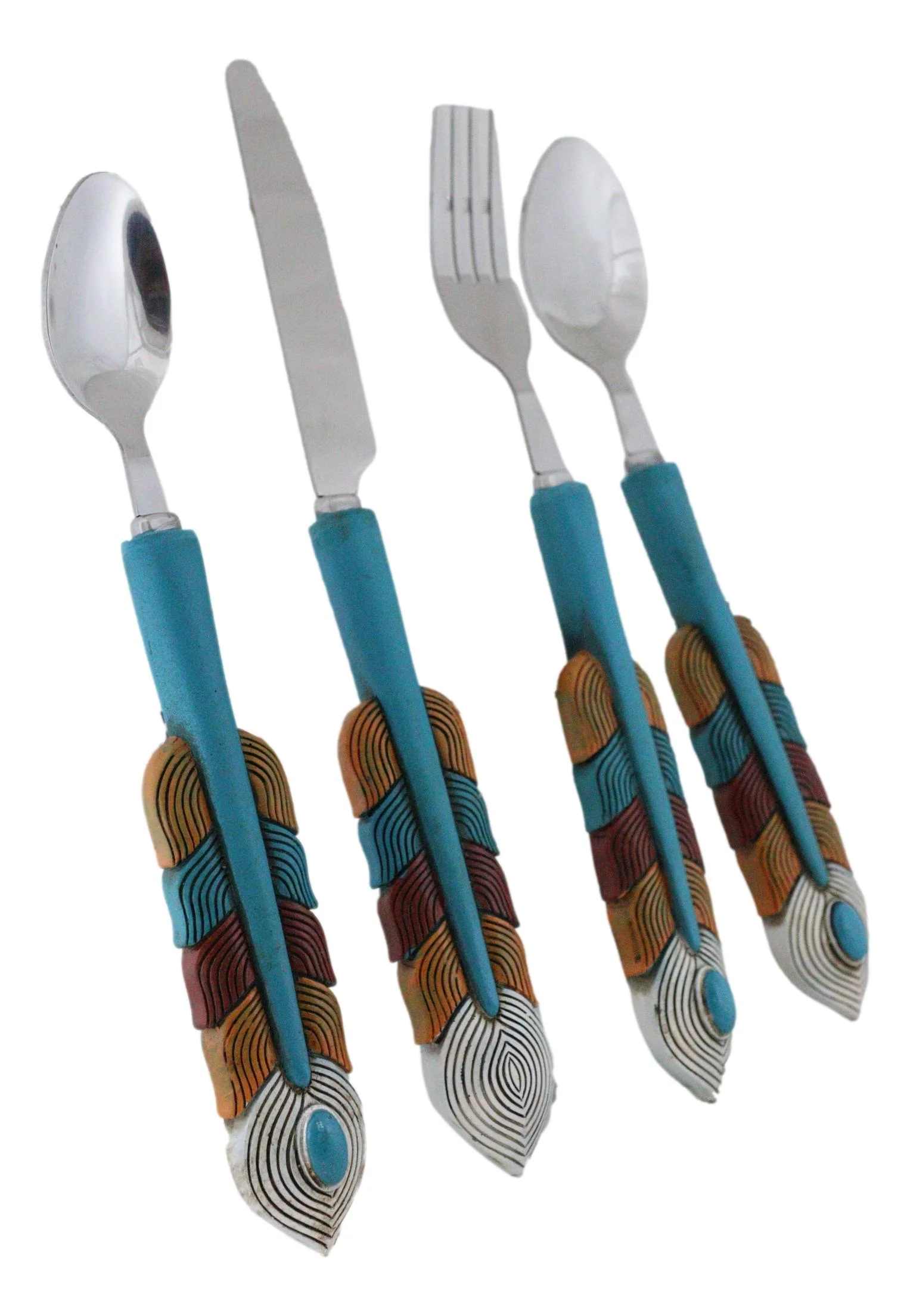 Southwest Chic Indian Turquoise Feather Flatware 4 Spoon Teaspoon Fork Knife Set - Image 5