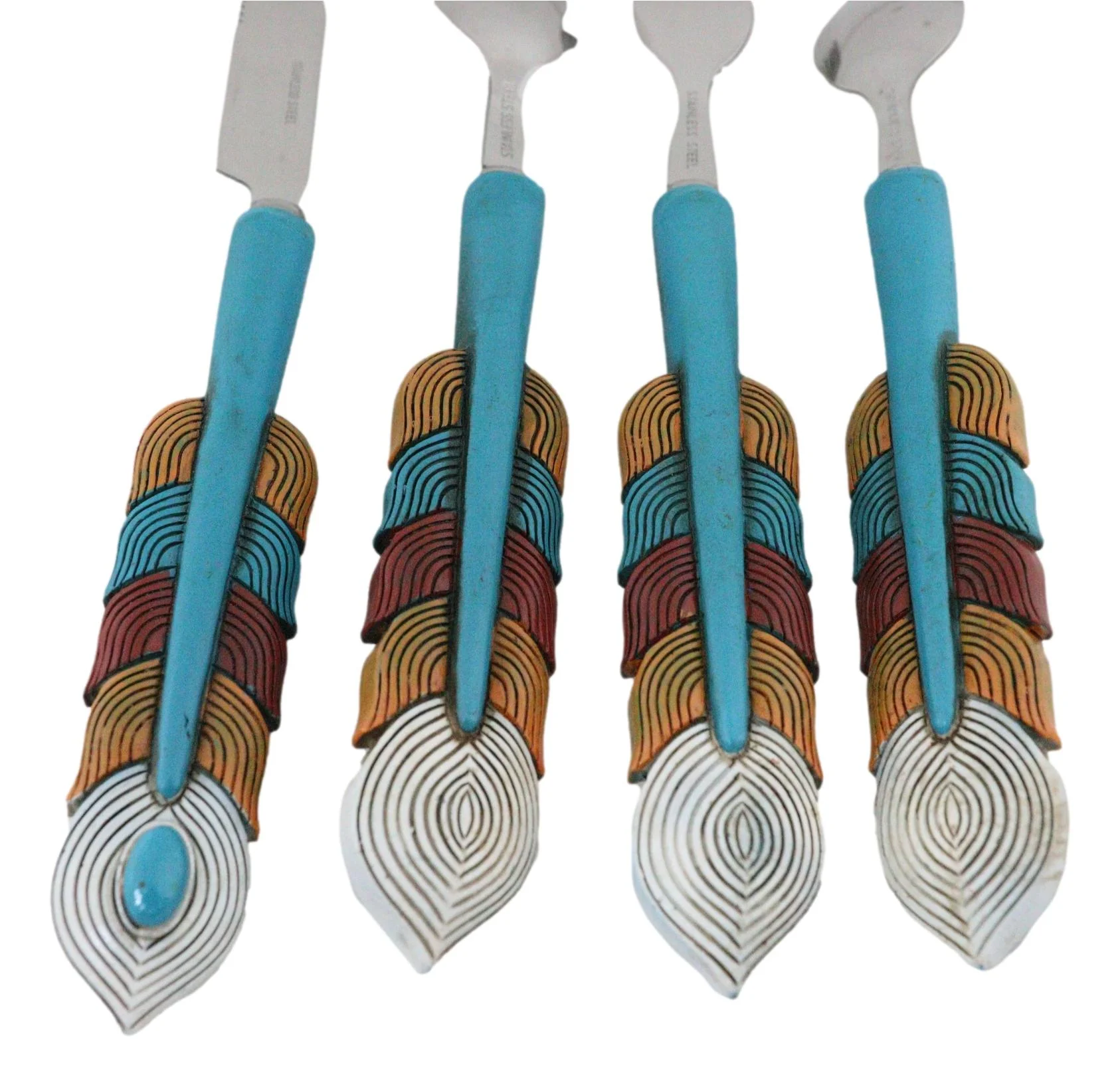 Southwest Chic Indian Turquoise Feather Flatware 4 Spoon Teaspoon Fork Knife Set - Image 6