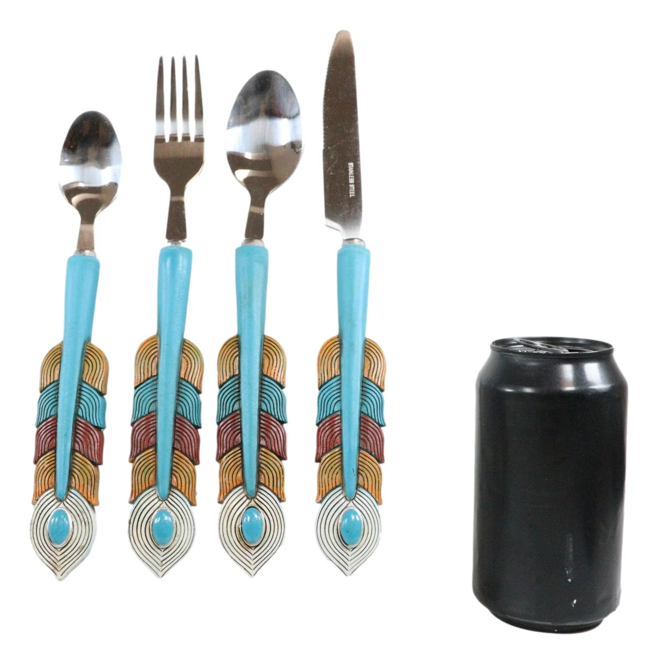 Southwest Chic Indian Turquoise Feather Flatware 4 Spoon Teaspoon Fork Knife Set - Image 7