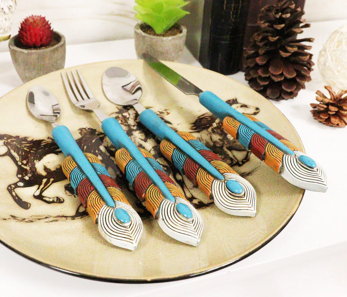 Southwest Chic Indian Turquoise Feather Flatware 4 Spoon Teaspoon Fork Knife Set - Image 8