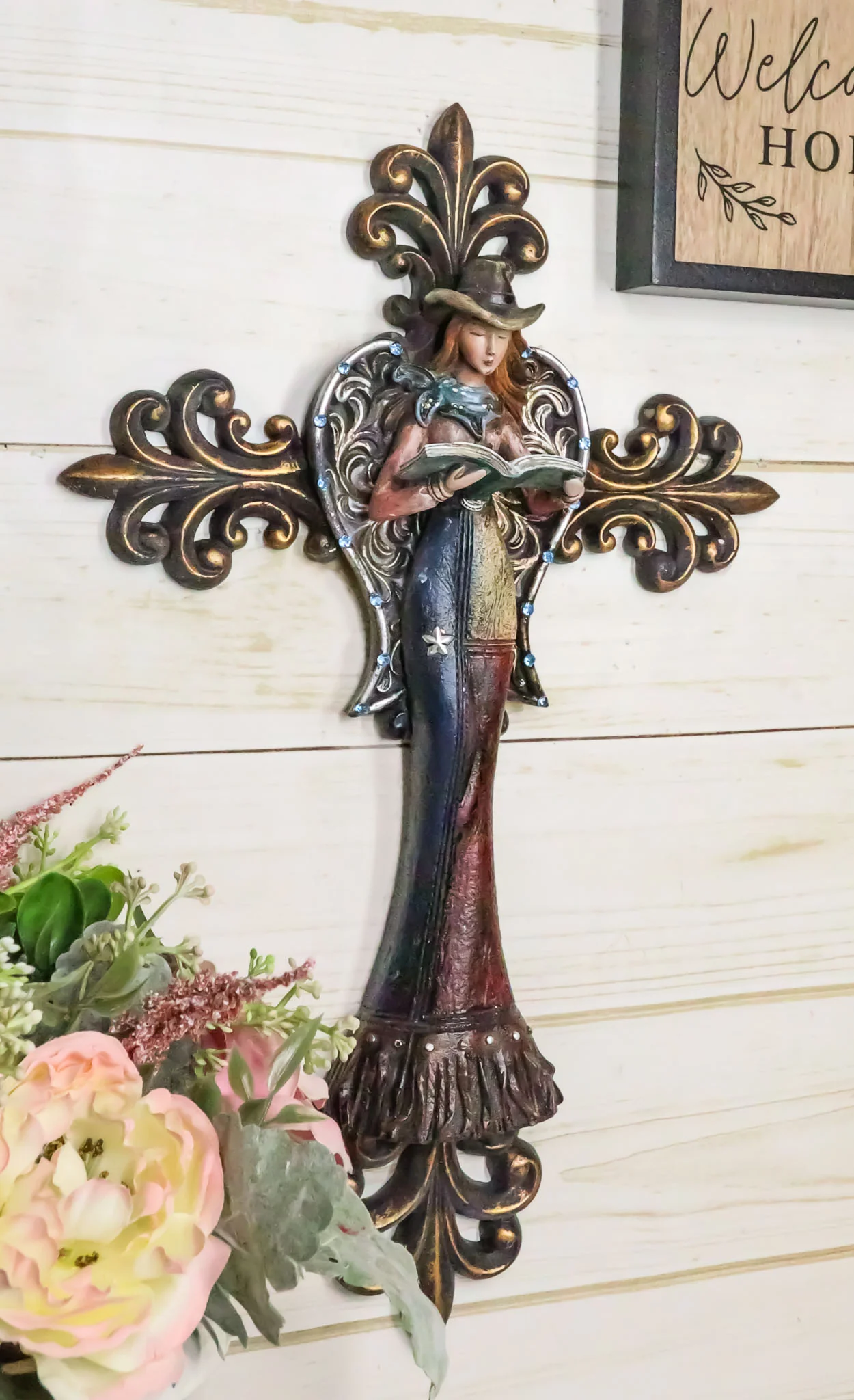 Southwest Rustic Fleur De Lis Texas Western Cowgirl Angel Wall Cross Decor - Image 9