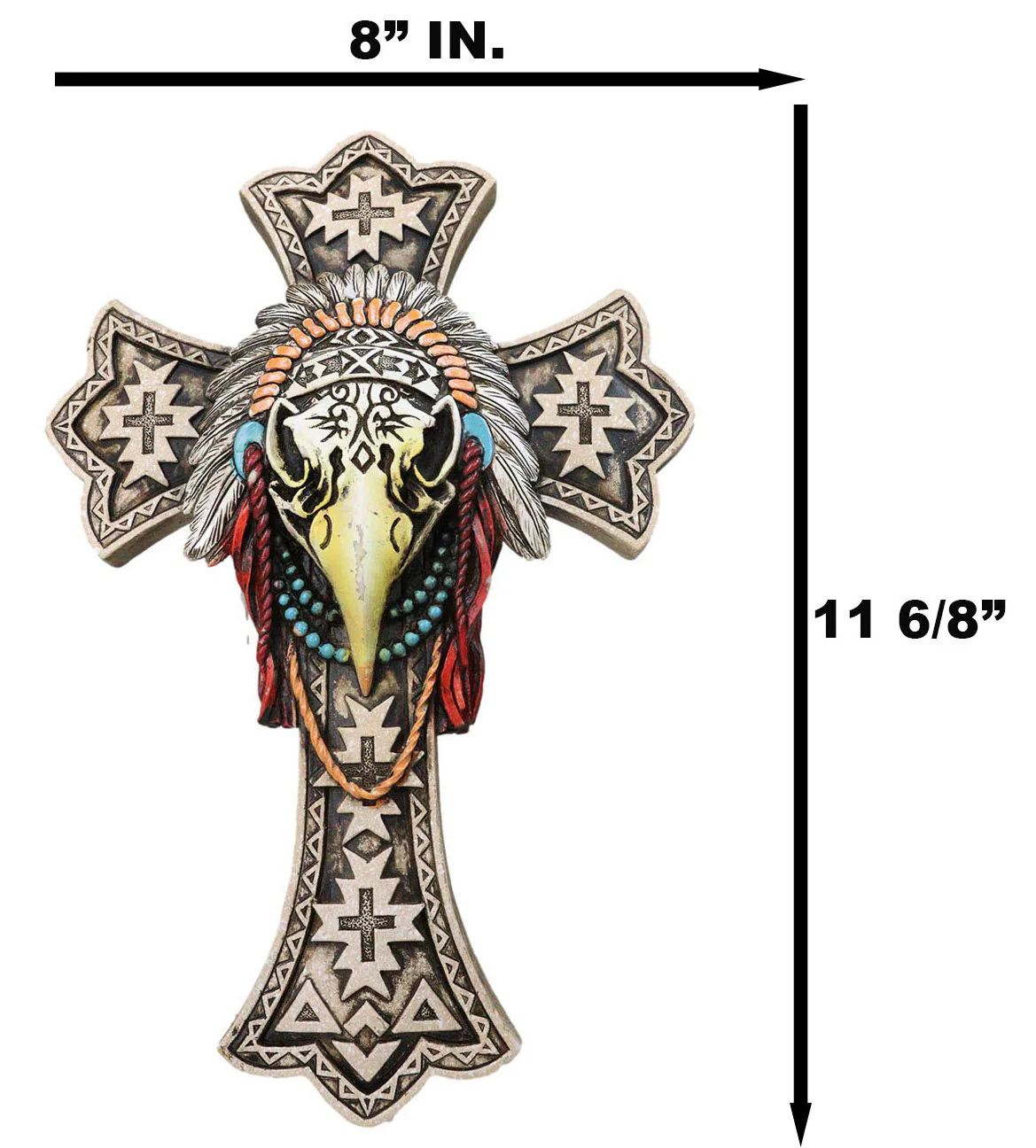 Southwestern Rustic Native Tribal Raven Crow Skull Headdress Roach Wall Cross - Image 2