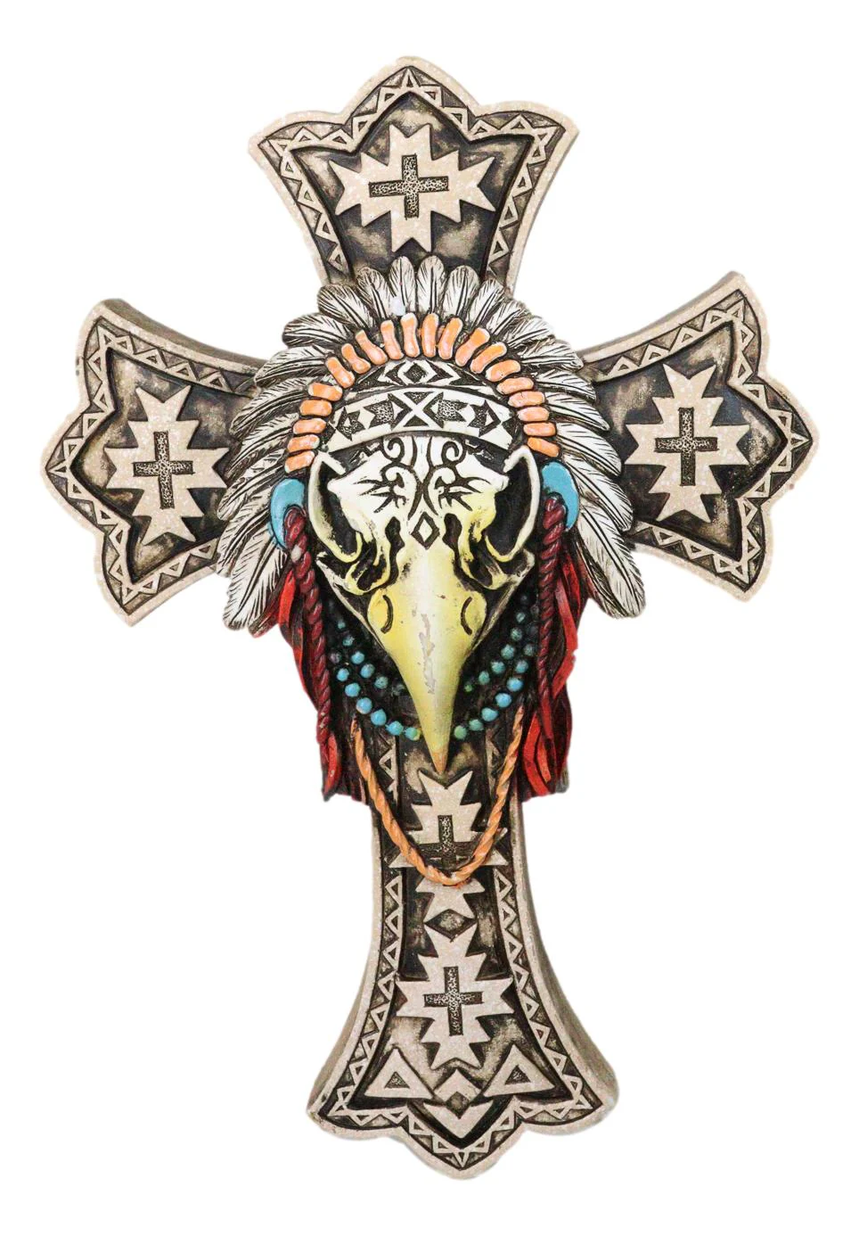 Southwestern Rustic Native Tribal Raven Crow Skull Headdress Roach Wall Cross - Image 6