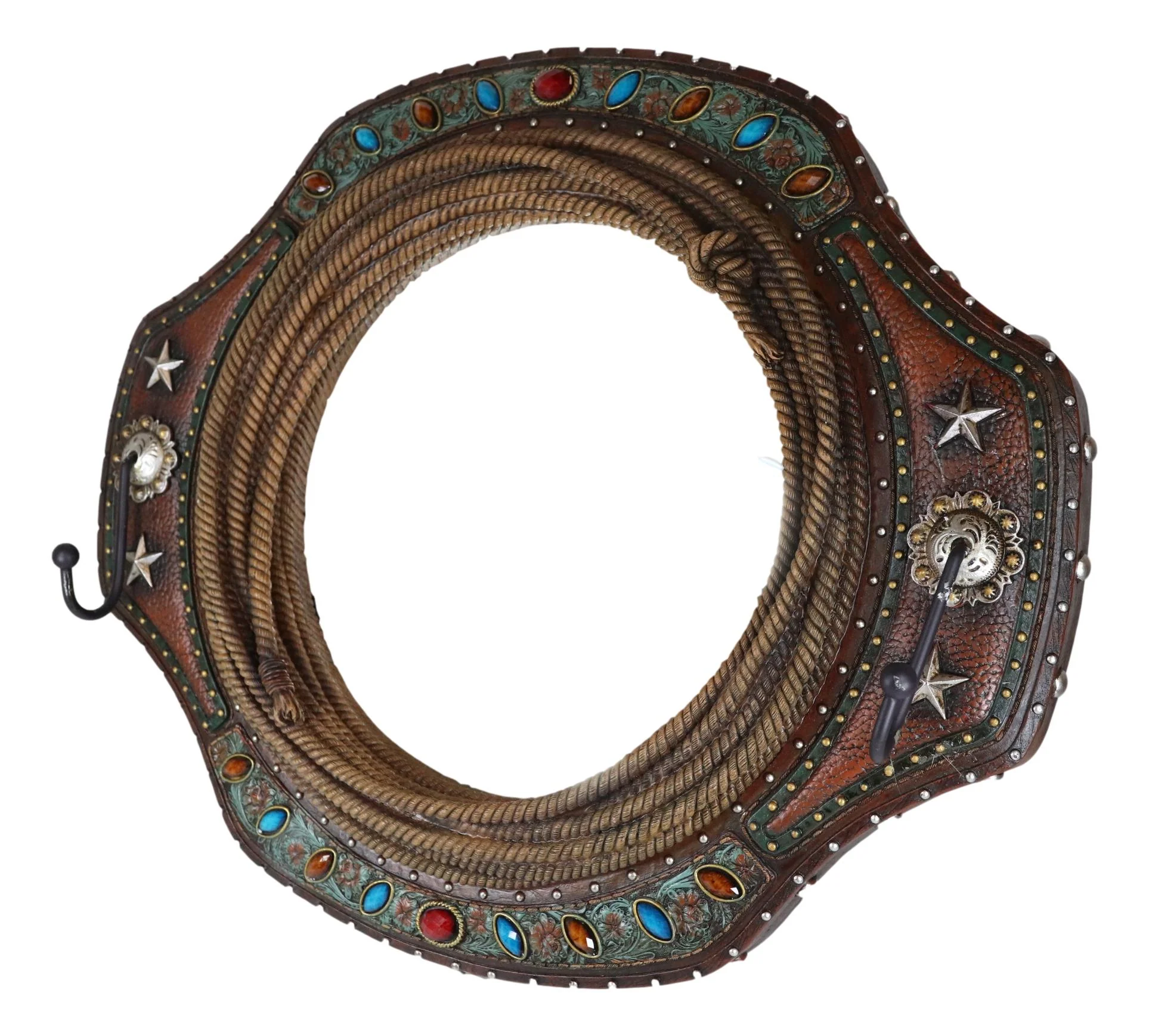 Southwestern Turquoise Beaded Western Lasso Ropes Stars Wall Mirror With 2 Hooks - Image 4