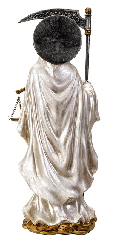 Standing White Santa Muerte With Scythe Scales of Justice And Wise Owl Figurine - Image 2