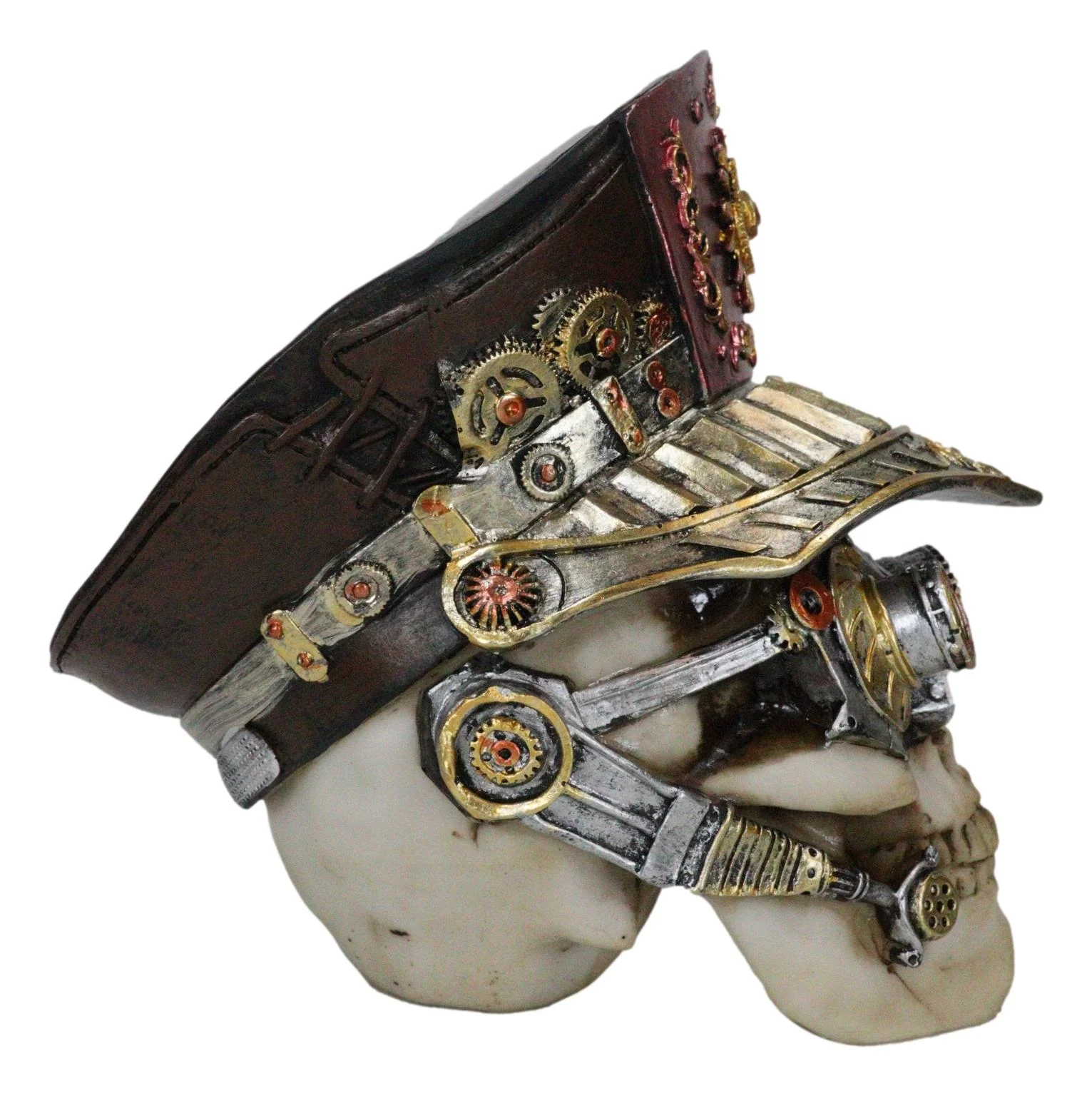 Steampunk Cyborg Police Inspector Officer Skull With Hat Geared Goggles Figurine - Image 4