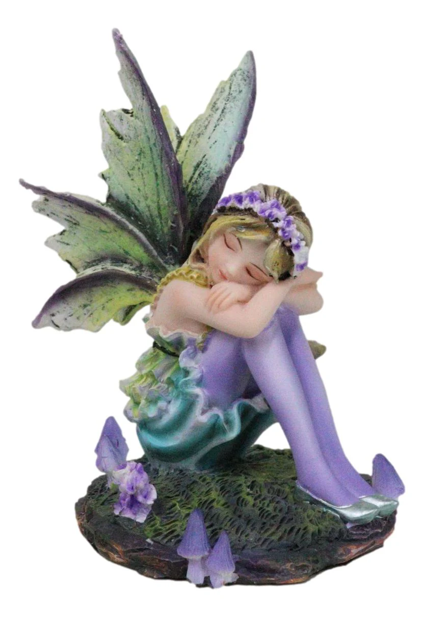 Summer Night Dream Green Girl Fairy Garden with Lavender Mushrooms Figurine