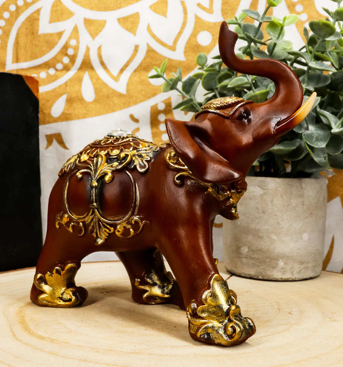 Thai Buddhism Decorated Feng Shui Elephant With Trunk Up Left Facing Figurine - Image 2