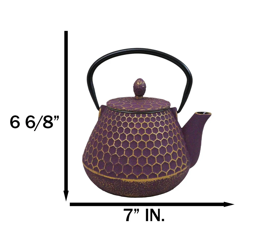 Traditional Oriental Tetsubin Purple Honeycomb Design Cast Iron Teapot 32oz - Image 4
