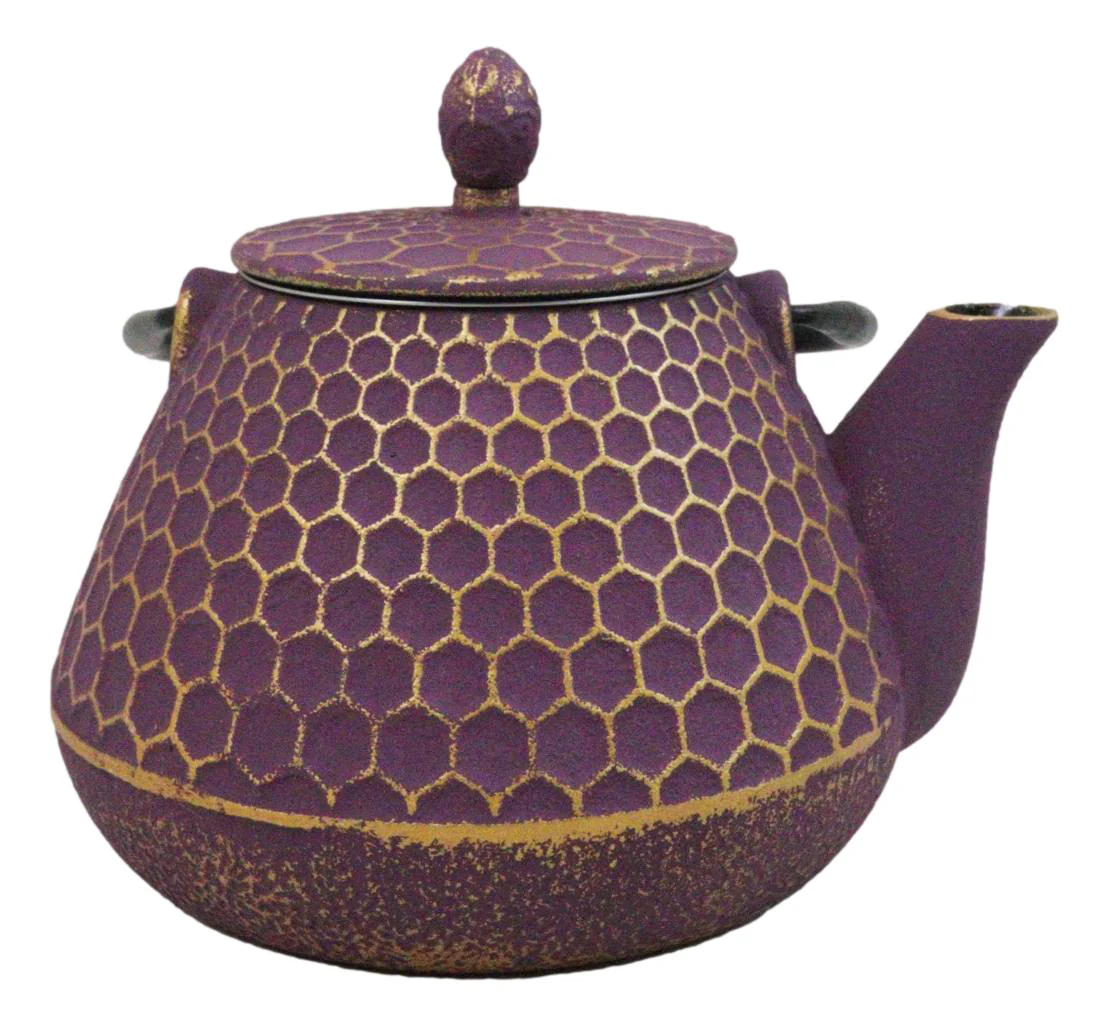 Traditional Oriental Tetsubin Purple Honeycomb Design Cast Iron Teapot 32oz - Image 6