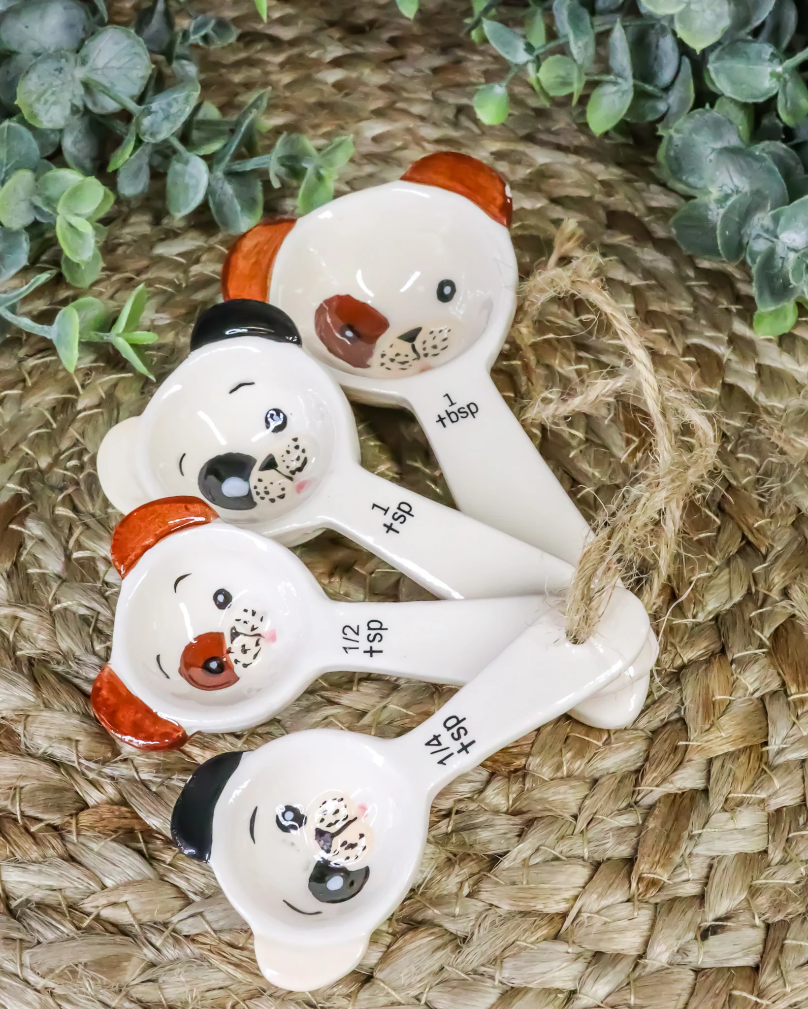 Tramp Mutt Dog Puppies Face Ceramic Stackable Kitchen Measuring Spoons Set