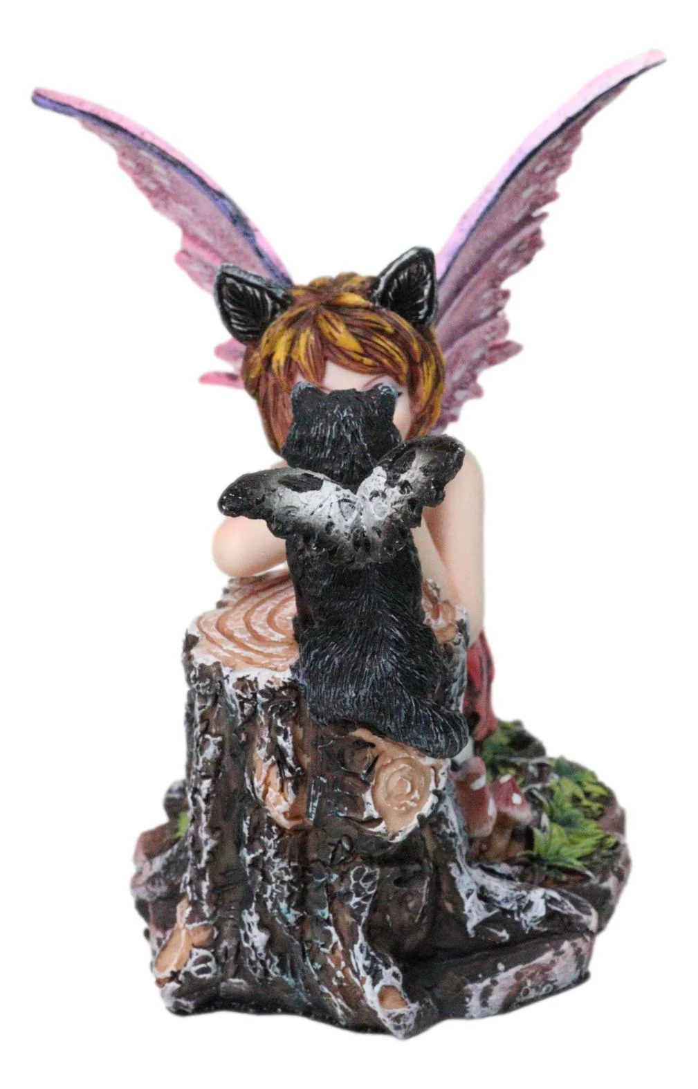 Tribal Autumn Girl Fairy with Red Hair Talking with Winged Black Cat Figurine - Image 4