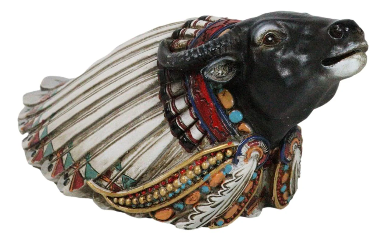 Tribal Southwest Black Buffalo With Indian Chief Headdress Piggy Money Coin Bank - Image 5