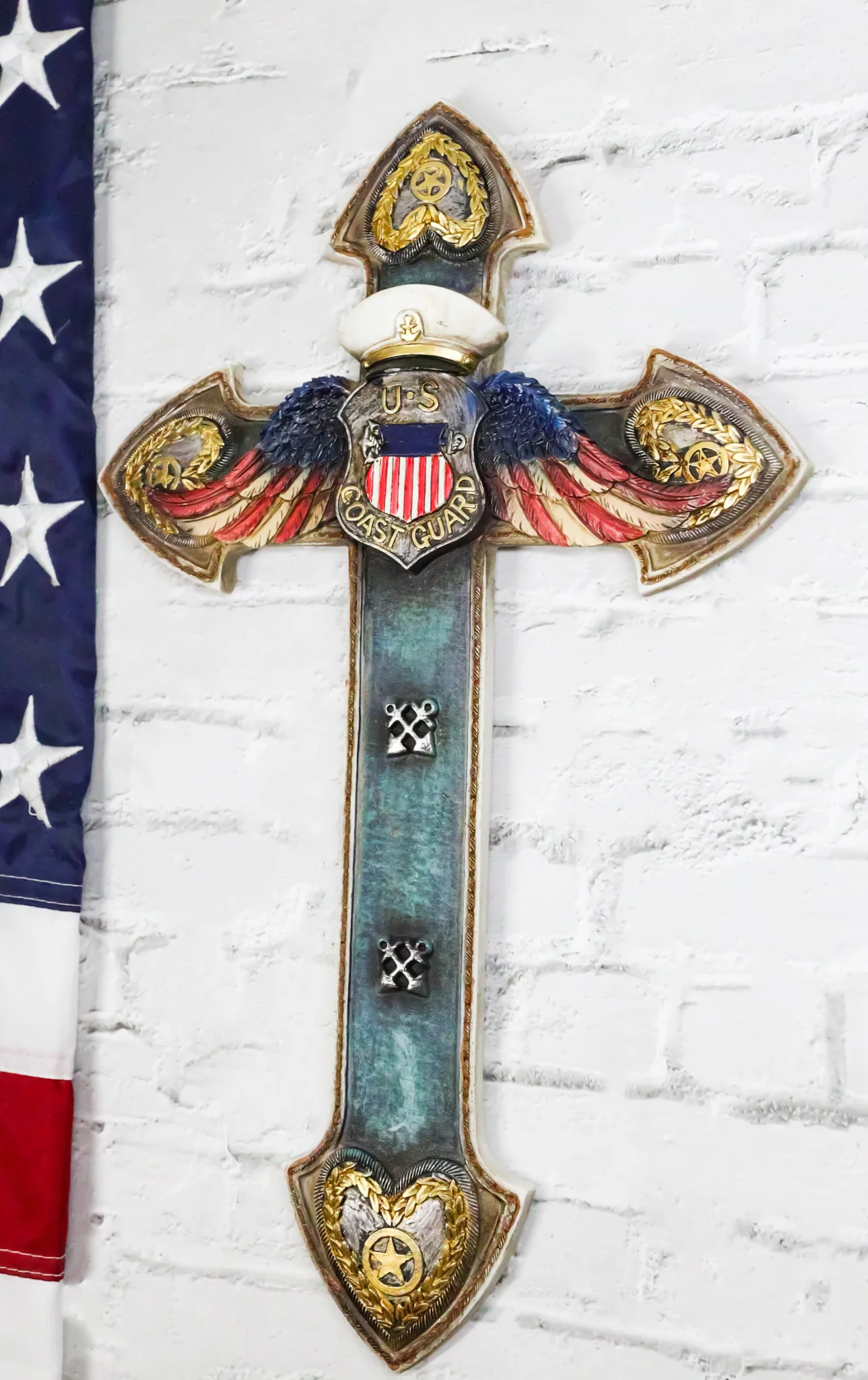 Turquoise Rustic Western US Coast Guard Eagle Wings Crest Anchors Wall Cross - Image 8