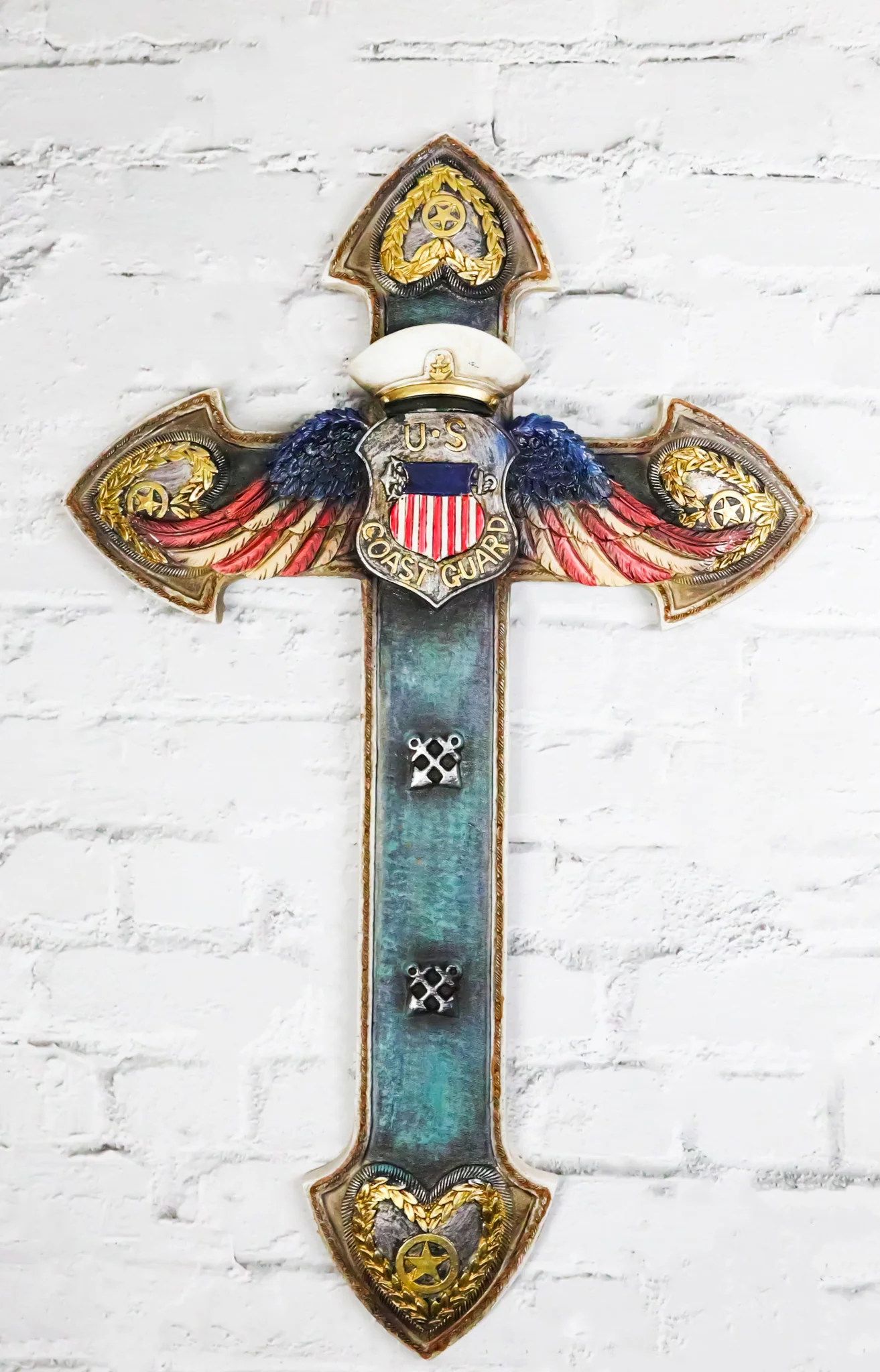 Turquoise Rustic Western US Coast Guard Eagle Wings Crest Anchors Wall Cross - Image 9