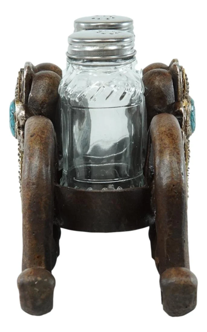 Turquoise Stone Holy Cross with Faux Wood Scroll Vines Salt Pepper Shakers Set - Image 2