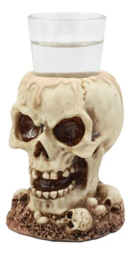 Twin Gothic Ossuary Graveyard Melting Skull Shot Glass Holder Figurine Set of 2 - Image 2