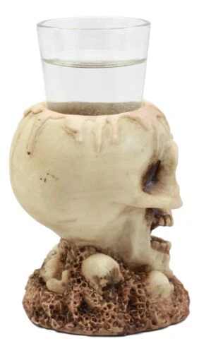 Twin Gothic Ossuary Graveyard Melting Skull Shot Glass Holder Figurine Set of 2 - Image 3