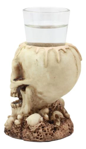 Twin Gothic Ossuary Graveyard Melting Skull Shot Glass Holder Figurine Set of 2 - Image 4