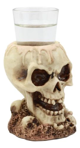 Twin Gothic Ossuary Graveyard Melting Skull Shot Glass Holder Figurine Set of 2 - Image 5