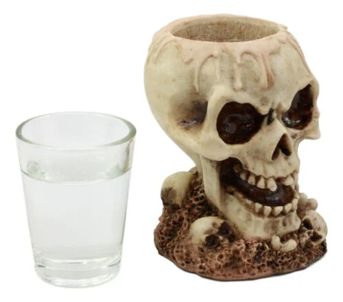 Twin Gothic Ossuary Graveyard Melting Skull Shot Glass Holder Figurine Set of 2 - Image 6